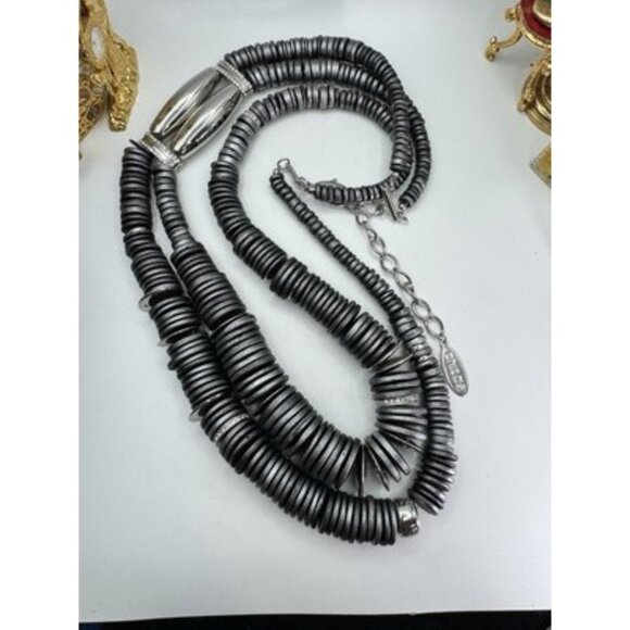 Chicos Chunky Metallic Gray SilverTone Disk Rhinestone Statement LayeredNecklace - Picture 4 of 9